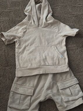 Kids Neutral Beige Hoodie Romper Set by